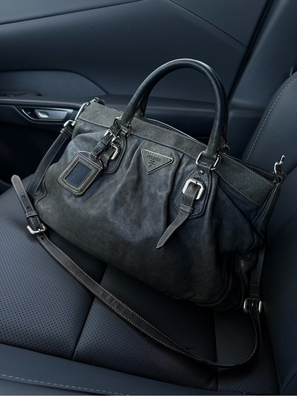Vintage Prada Distressed Black Leather Satchel
